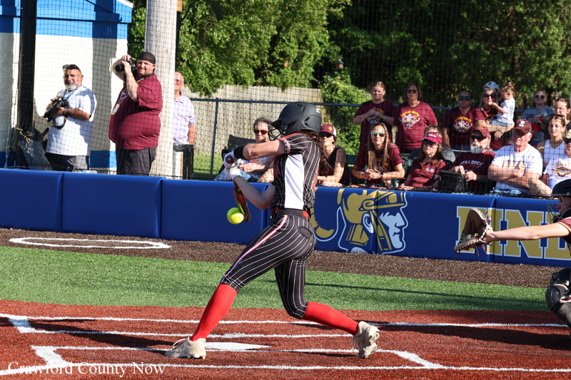Female softball batter wearing a helmet and striped uniform swings at a pitch on a red infield, with a cheering crowd behind the fence.” (informative)