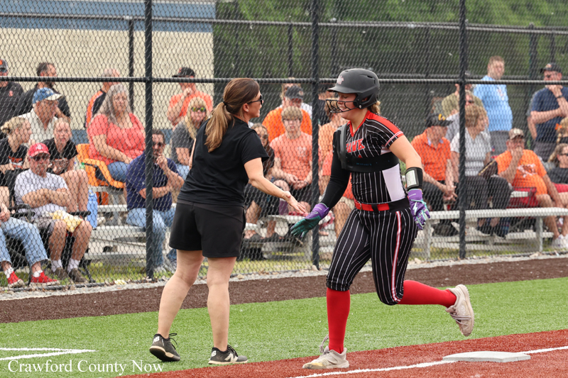 Softball player in pinstriped uniform high-fives a coach at the edge of the field as spectators watch behind a chain-link fence.