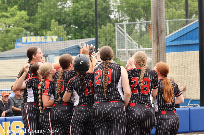 Girls' softball team in matching pinstripe uniforms huddles together on the field before a game.