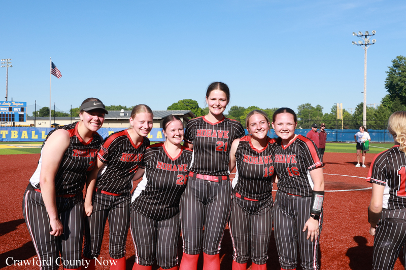 Six young women in black pinstriped softball uniforms pose together on a sunny field, smiling for a team photo.