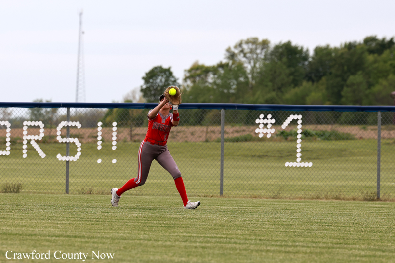 Softball player in red uniform reaching up to catch a ball near the fence on a grassy field.