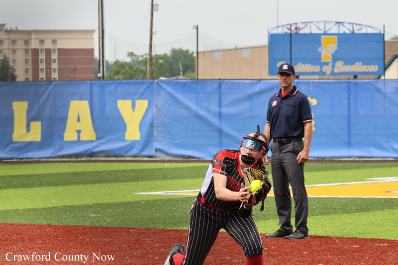 Softball catcher in a striped uniform lunges to catch the ball with her glove as an umpire watches from behind on a turf field.