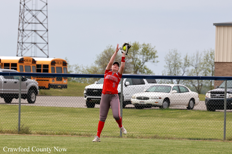 Softball fielder in red (#5) reaches up to catch a ball over the outfield fence, with parked cars and a bus in the background.