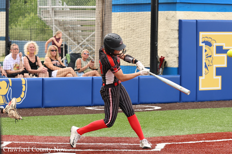 Softball batter in a red and black uniform swings at a pitch at home plate, with spectators seated behind a blue padded wall.
