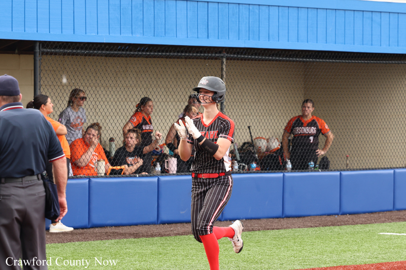Female softball player running on the field in a black pinstripe uniform with red socks and a helmet, with spectators behind a chain-link fence.