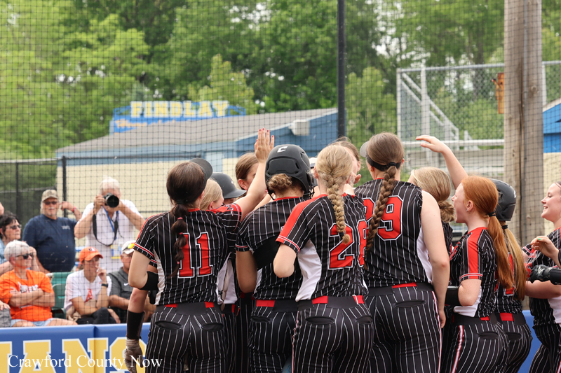 Softball team in black pinstriped uniforms gathers in a huddle on the field, red numbers visible on backs, with spectators and photographers behind a chain-link fence in the background.