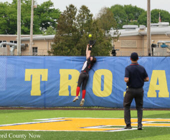 Softball/baseball fielder leaps to catch a ball against a blue outfield fence while an umpire watches nearby.