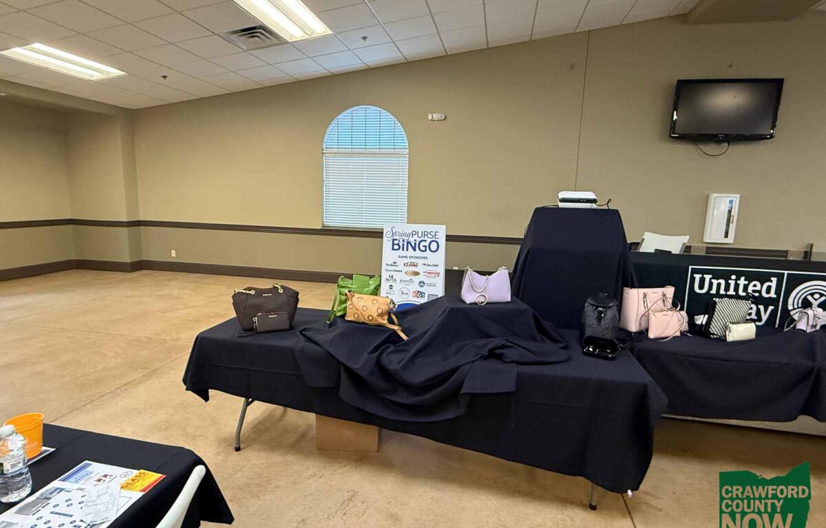 Event room with black-clothed tables displaying handbags and a 'Spring Bingo' sponsor sign; wall-mounted TV in background.