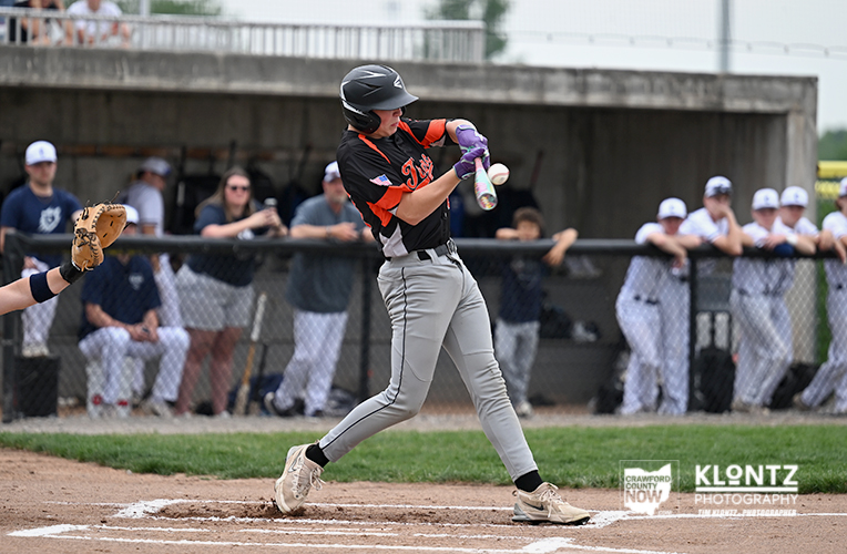 Baseball batter in a black-orange uniform swings at a pitch; catcher’s glove near the plate with fans watching in the background.