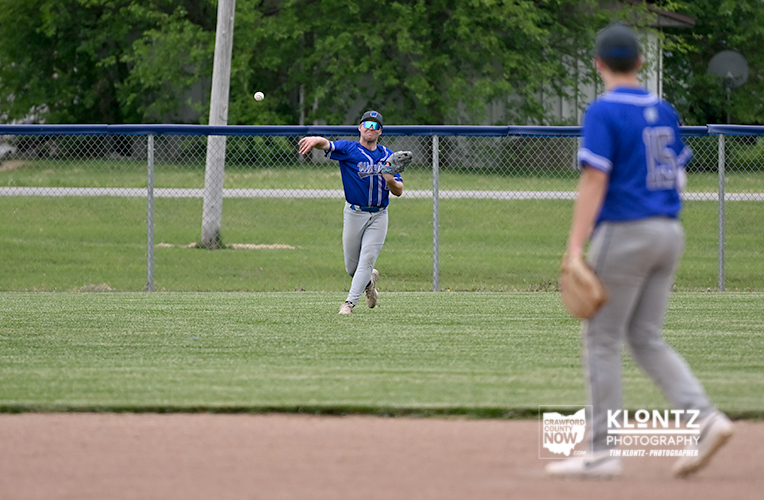 Baseball player in a blue uniform throws a ball on a grassy outfield, another fielder in blue stands in the foreground by the infield fence.