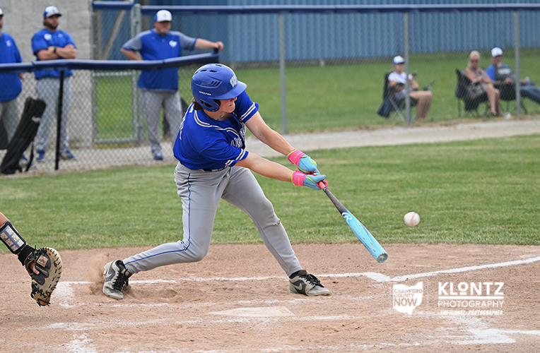 Young baseball batter in a blue uniform swings at a pitched ball at home plate; catcher crouches nearby, with spectators watching in the background.