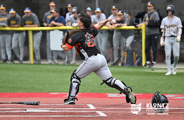 Baseball pitcher in black and orange delivering a pitch from the mound with teammates watching behind the fence.