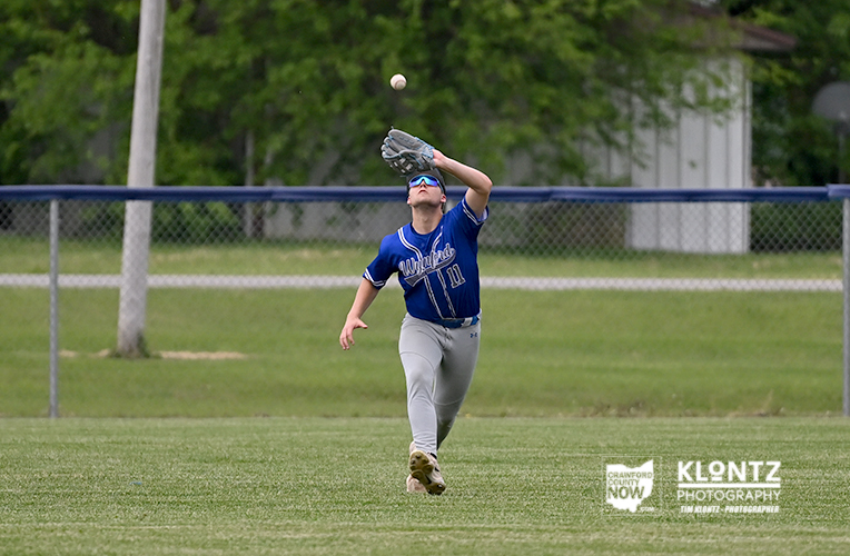 Baseball player in blue uniform reaching up with glove to catch a ball in the outfield fence area.