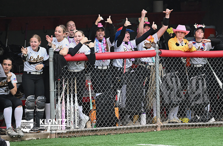 Girl baseball players in a dugout cheerfully wave and flash thumbs up behind a chain-link fence, celebrating a game.