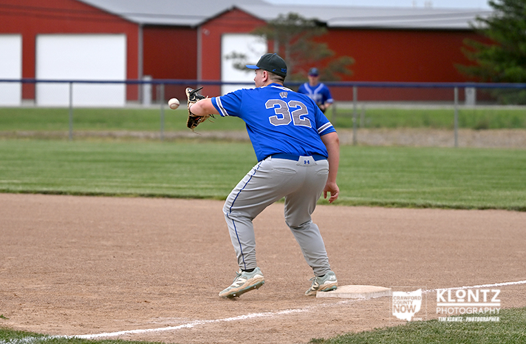 Baseball pitcher in blue jersey number 32 delivering a pitch from the mound on a grassy field.