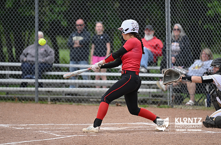 Female softball batter in red and black swings at a pitch at home plate, catcher ready behind her, spectators behind a chain-link fence in the background.