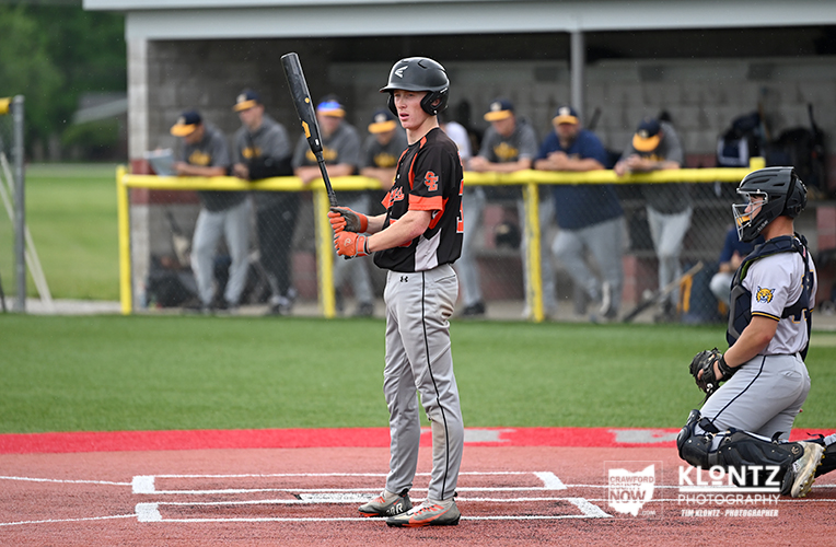 Young baseball batter stands at home plate, about to swing, with catcher behind him and teammates in the dugout in the background.
