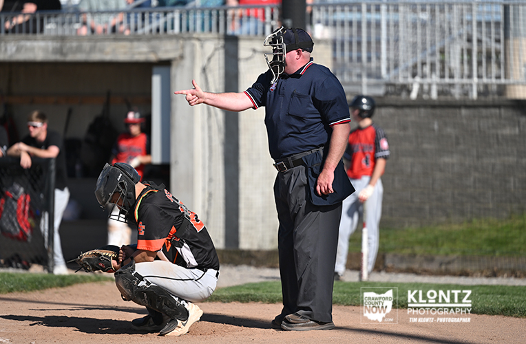 Baseball catcher crouched in black and orange gear behind home plate; umpire points.