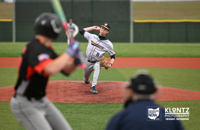 Young baseball pitcher in gray uniform delivering a pitch from the mound, with a blurred batter in the foreground and outfield fencing in the background on a green field with a red infield.