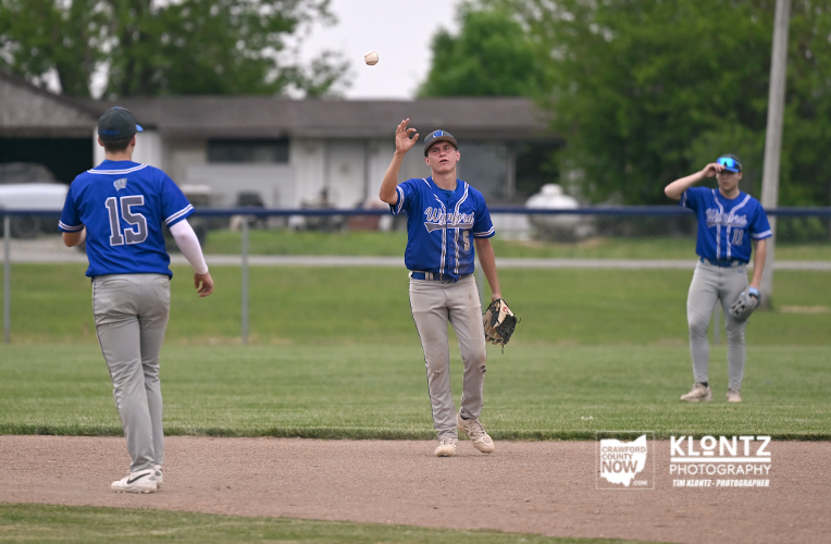 Baseball field with three players in blue jerseys; center fielder tosses an infield throw while a ball is in the air.