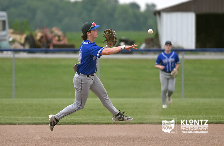 Baseball pitcher in a blue uniform mid-throw on the mound, glove extended, with a fielder watching in the background.