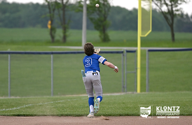 Baseball pitcher in a blue uniform (number 3) throws the ball on the mound, viewed from behind, with a yellow foul pole in the background.