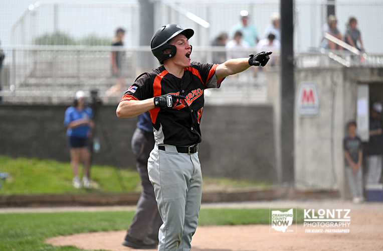 Baseball player in black-orange jersey points and yells, wearing helmet on the field with spectators in the background