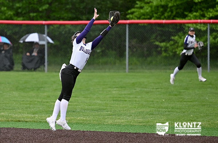 A softball player in a white and purple uniform leaps with a glove raised to catch a high fly ball on a grassy field, with a chain-link fence in the background and another fielder to the right.