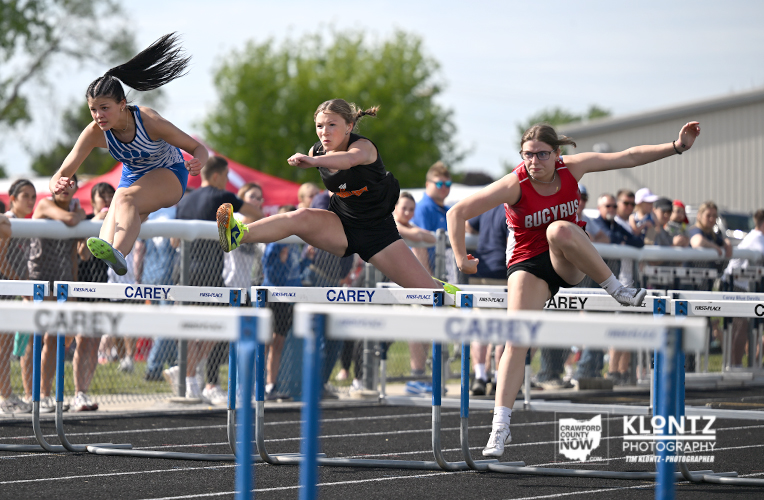 Three female sprinters jumping over hurdles during a track and field race, with spectators in the background.