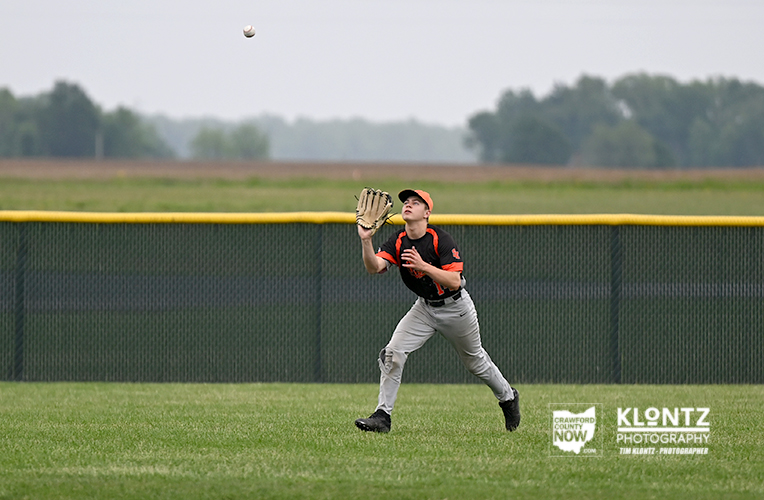 Baseball player in orange-black uniform reaches for a high ball in the outfield, glove up and eyes on the ball with a chain-link fence behind him.