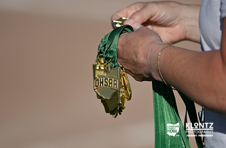 Close-up of a person’s hands holding several gold medals with green ribbons, inscribed with OHSAA symbols, dangling together.