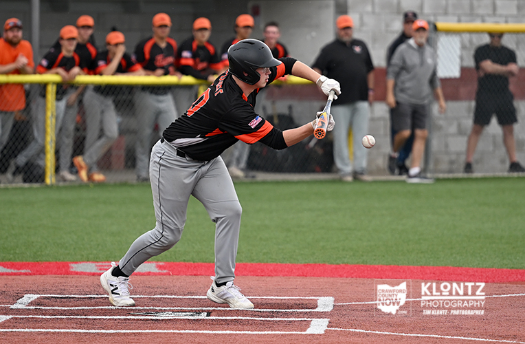 Baseball player in a black and orange uniform swings at a pitch at home plate as a crowd watches behind a chain-link fence.