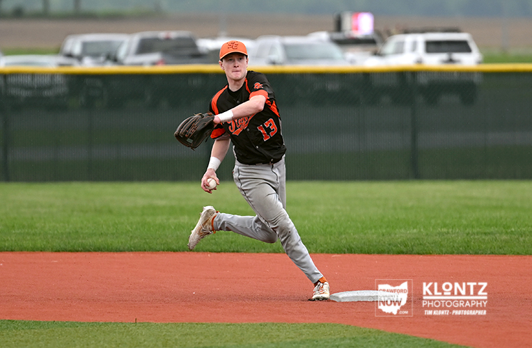 Baseball pitcher in black and orange uniform delivering a pitch from the mound on a baseball field with a grass outfield.