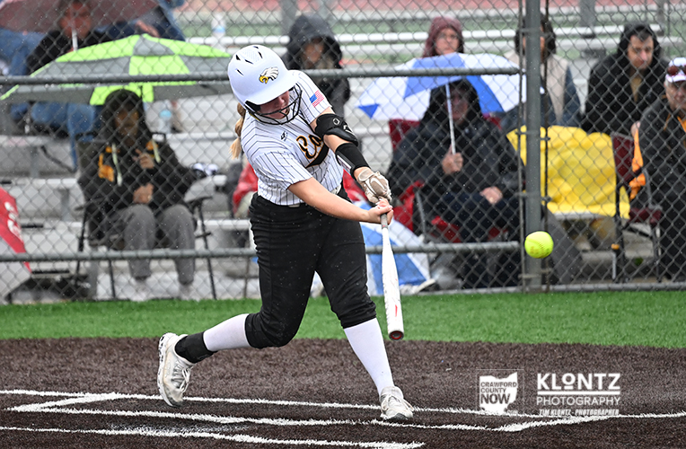 Female softball player in a white striped jersey swings at a pitch at home plate, with spectators behind a chain-link fence.