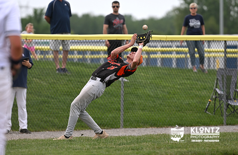 Baseball fielder in black-red uniform dives to catch a ball with outstretched glove near a yellow outfield fence; spectators stand behind a chain-link fence.