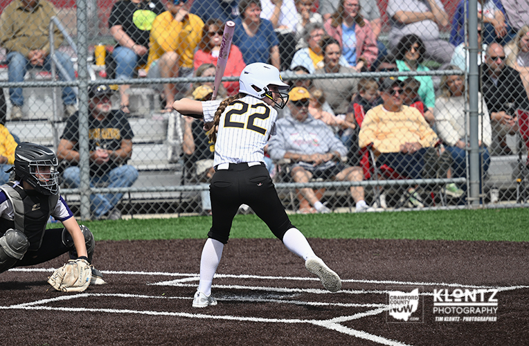 Baseball batter wearing number 22 swings at a pitch, helmet on, as catcher crouches behind near home plate with a crowd in the stands.