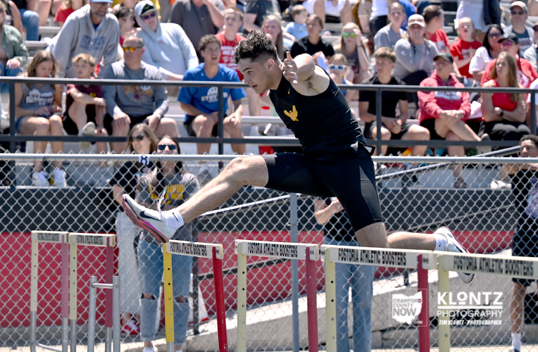 Male hurdler in a black sleeveless outfit clears a hurdle on a track as a crowded stands watches the race.