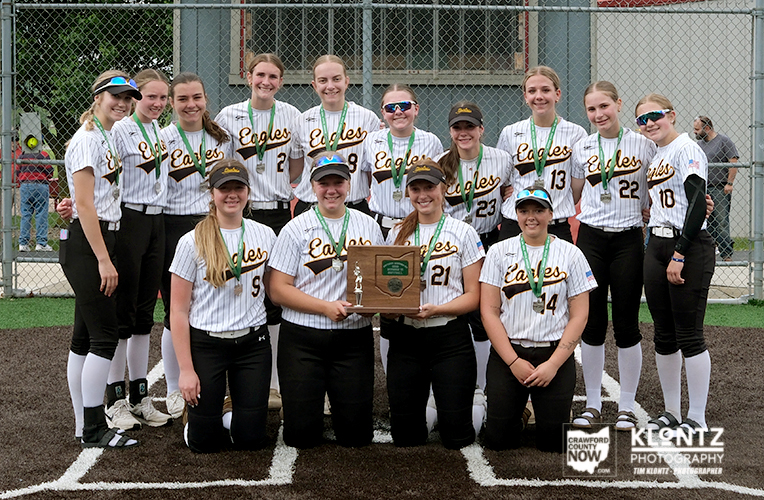 Girls softball team posing with trophy on infield, wearing white pinstripe uniforms with 'Eagles' across chest.