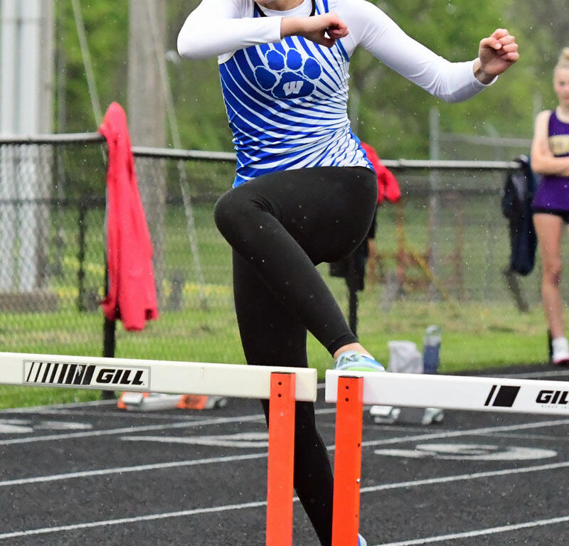 Female athlete in a blue-and-white singlet clears a hurdle on a track, mid-jump with a focused expression.