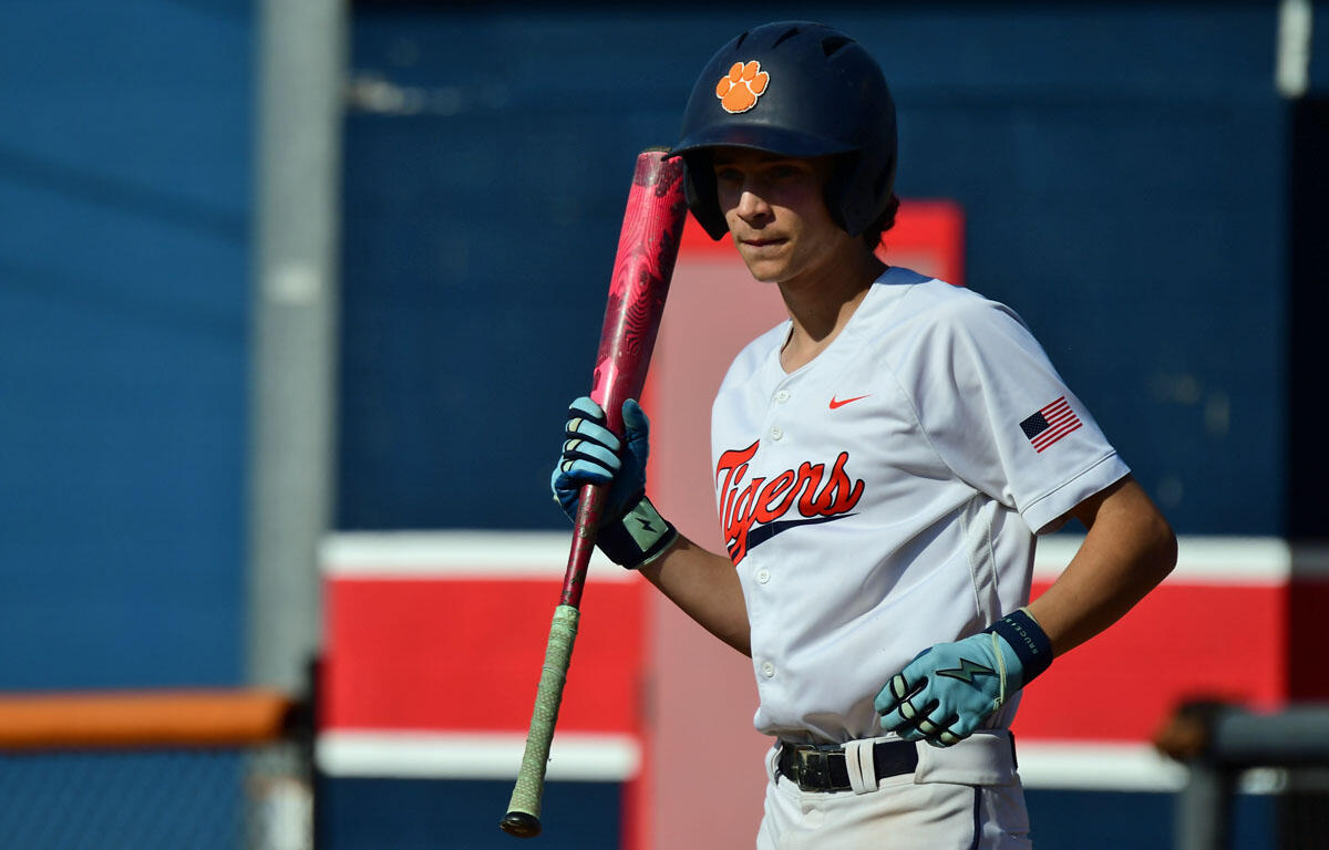 Baseball player in a Tigers uniform holding a pink bat, helmet with an orange paw logo, standing on the field.