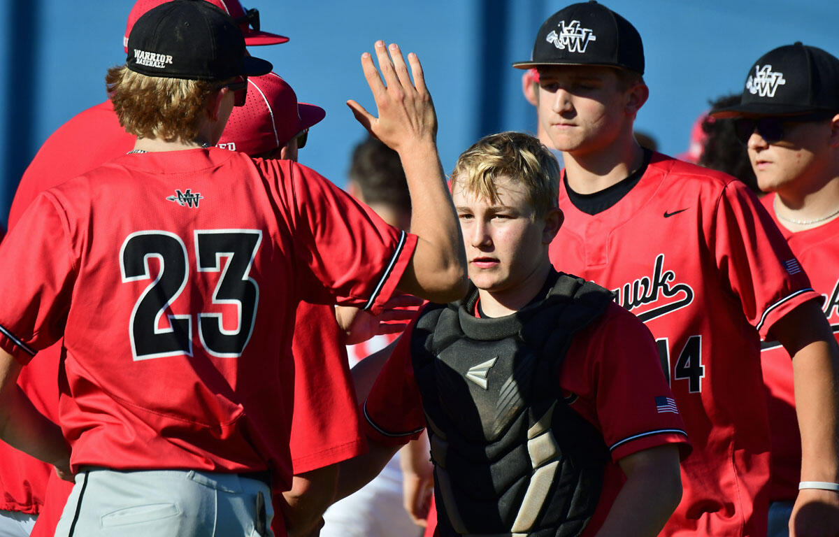 Baseball players in red uniforms high-five on the field; central player wears a black catcher's chest protector and protective gear.