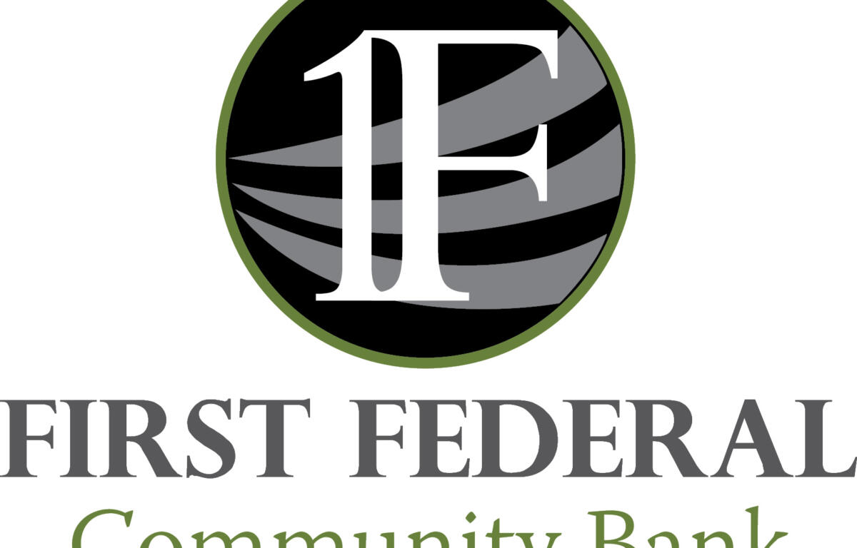 Circular bank logo: white 'E' over gray stripes inside a black circle with a green ring; partial 'FIRST FEDERAL' and 'Community Bank' text beneath.