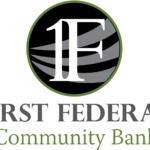 Circular bank logo: white 'E' over gray stripes inside a black circle with a green ring; partial 'FIRST FEDERAL' and 'Community Bank' text beneath.