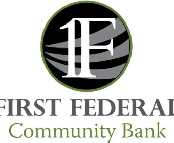 Circular bank logo: white 'E' over gray stripes inside a black circle with a green ring; partial 'FIRST FEDERAL' and 'Community Bank' text beneath.