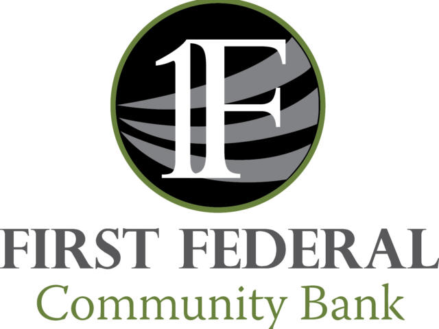 Circular bank logo: white 'E' over gray stripes inside a black circle with a green ring; partial 'FIRST FEDERAL' and 'Community Bank' text beneath.