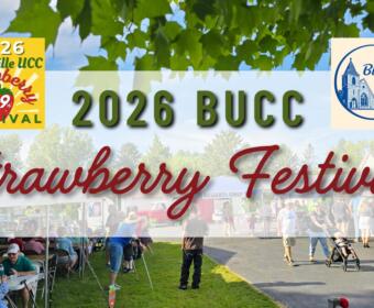 Poster advertising the 2026 BUCC Strawberry Festival with crowds at an outdoor fair and two logos.
