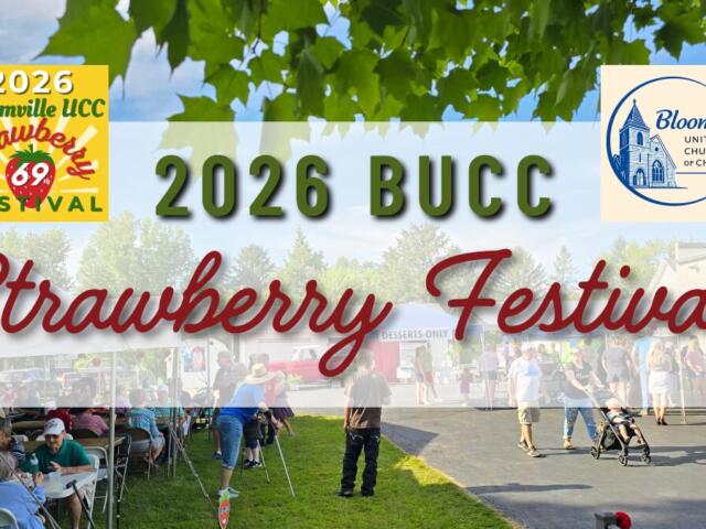 Poster advertising the 2026 BUCC Strawberry Festival with crowds at an outdoor fair and two logos.