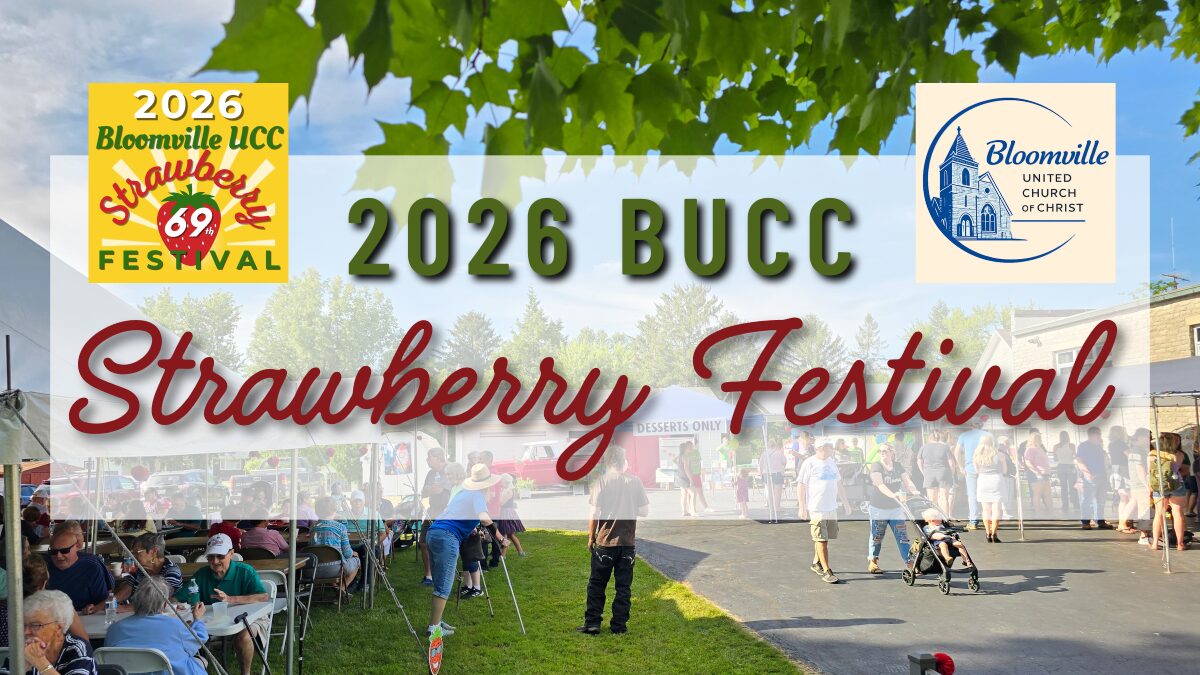 Poster advertising the 2026 BUCC Strawberry Festival with crowds at an outdoor fair and two logos.