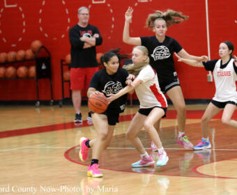 Girls' basketball game in a gym as players hustle for ball; one girl in black with pink sneakers dribbles while a defender in white with red trim reaches for the ball; others pursue in the background against a red wall.