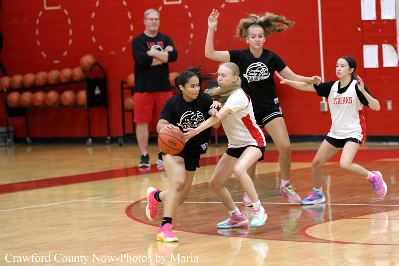 Girls' basketball game in a gym as players hustle for ball; one girl in black with pink sneakers dribbles while a defender in white with red trim reaches for the ball; others pursue in the background against a red wall.